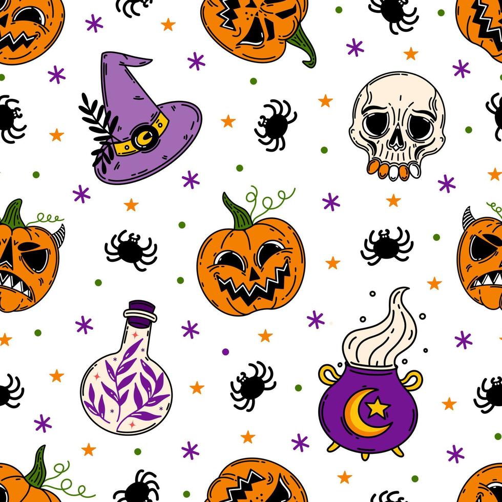 Halloween seamless vector pattern. Autumn holiday symbol - witch hat, scary spider, magic cauldron, creepy skull. Bright flat illustration, cartoon. Background for wallpaper, wrapping, fabric, web