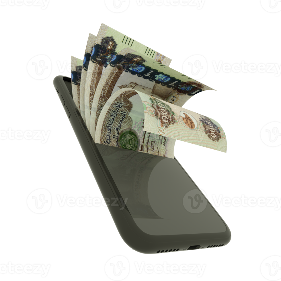 3D rending of 1000 United Arab Emirates dirham notes inside a mobile phone isolated on transparent background, Emirati Dirham png