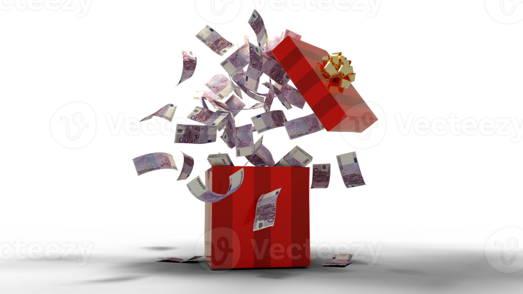 3D rendering of A lot of 500 Euro notes coming out of an opened red gift box. Money flying out of box png