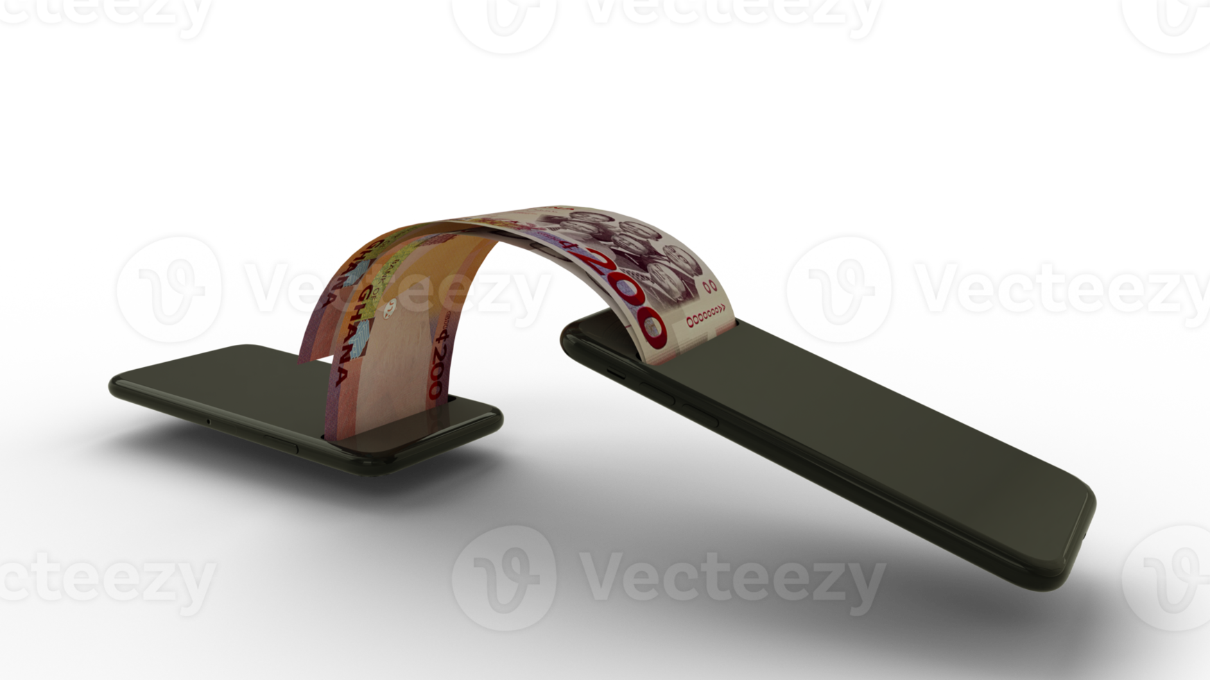 3D rendering of Ghanaian cedi notes transferring from one phone to another. mobile money transaction concept. money coming out of mobile phone png