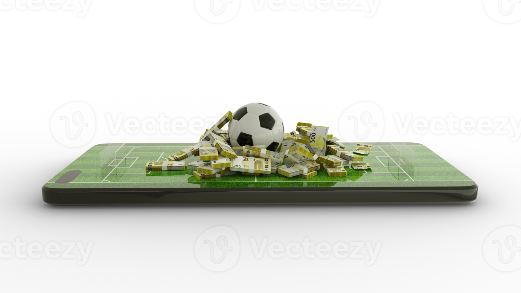3d rendering of Mobile phone Soccer betting. Football and Euro notes on phone screen. Soccer field on smartphone screen. bet and win concept png