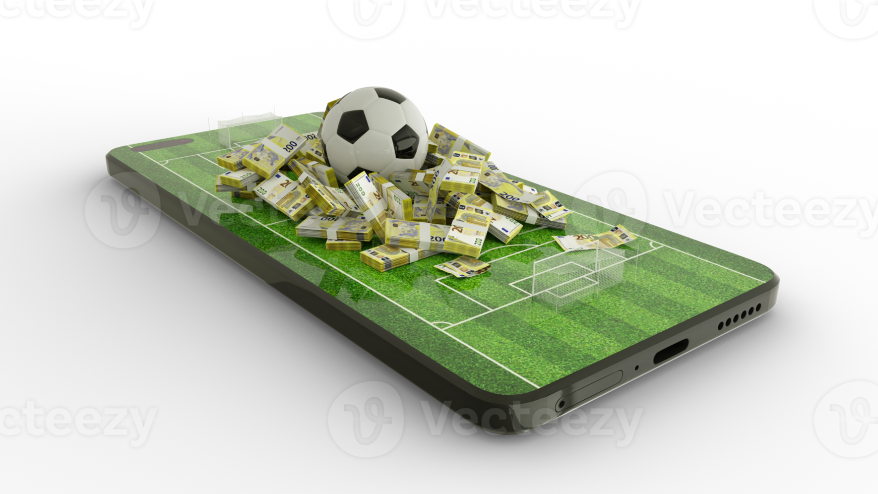 3d rendering of Mobile phone Soccer betting. Football and Euro notes on phone screen. Soccer field on smartphone screen. bet and win concept png