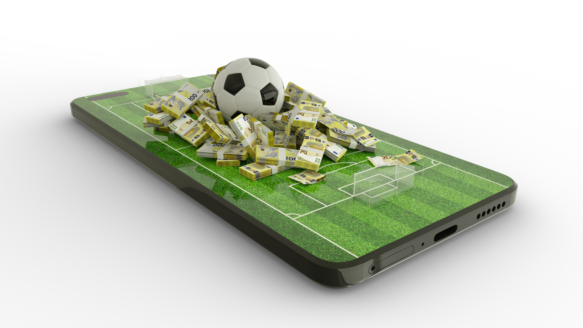 Free 3d rendering of Mobile phone Soccer betting. Football and Euro notes  on phone screen. Soccer field on smartphone screen. bet and win concept  12909637 PNG with Transparent Background