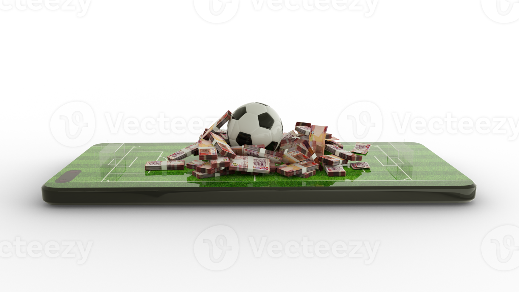 3d rendering of Mobile phone Soccer betting. Football and Ghanaian cedi notes on phone screen. Soccer field on smartphone screen. bet and win concept png