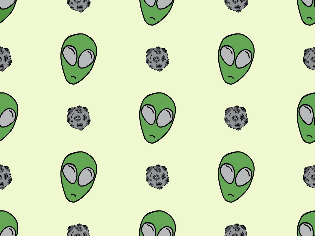 personaje de dibujos animados alienígena de patrones sin fisuras sobre fondo verde vector