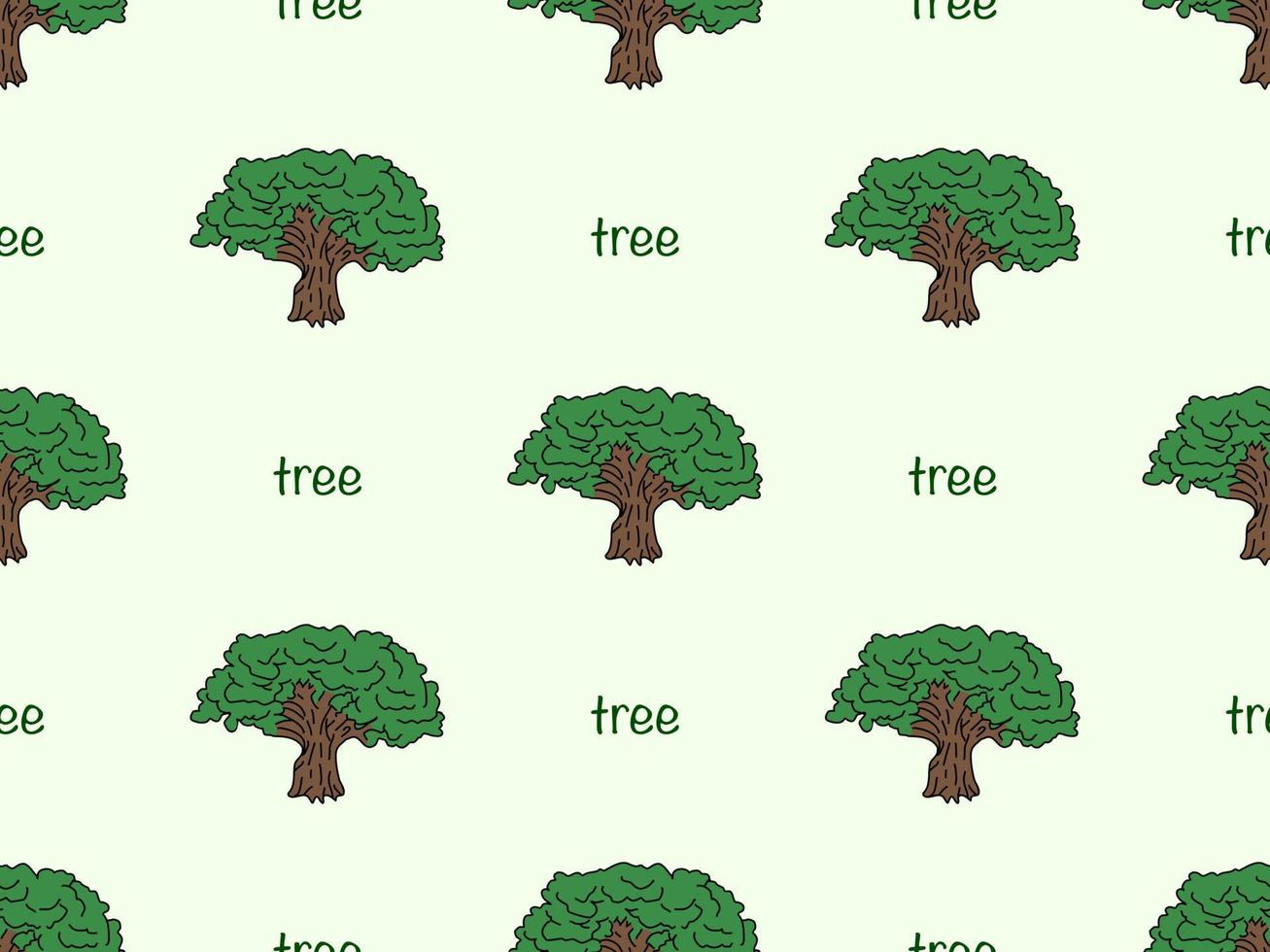 Tree cartoon character seamless pattern on green background vector