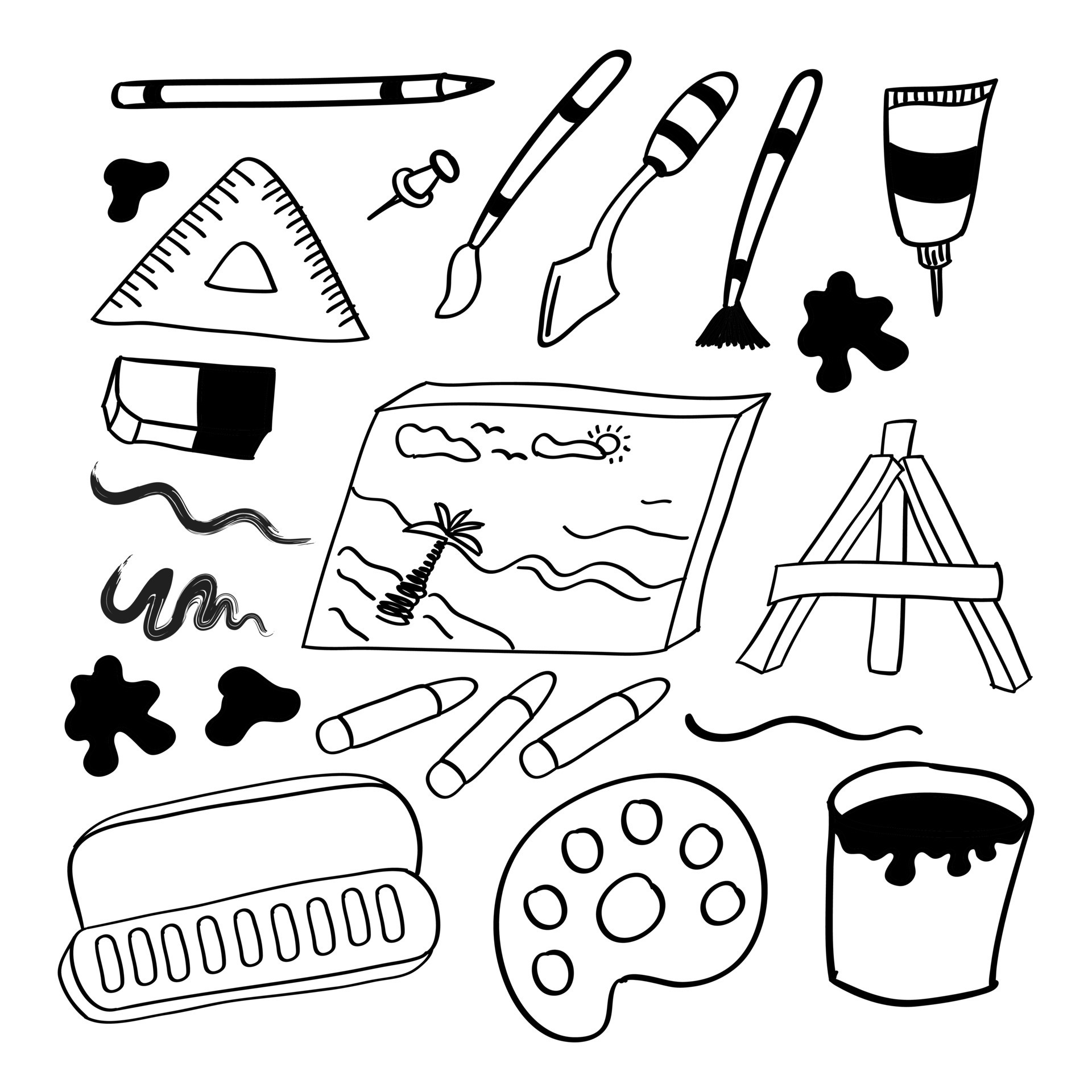 Art supplies set. Hand-drawn cartoon collection of art tools. Doodle drawing.  Stock Vector by ©runLenarun 96345254