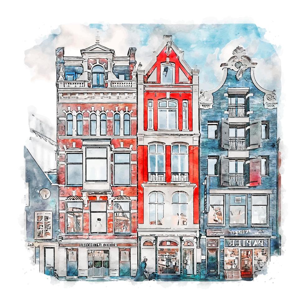 Amsterdam Netherlands Watercolor sketch hand drawn illustration vector
