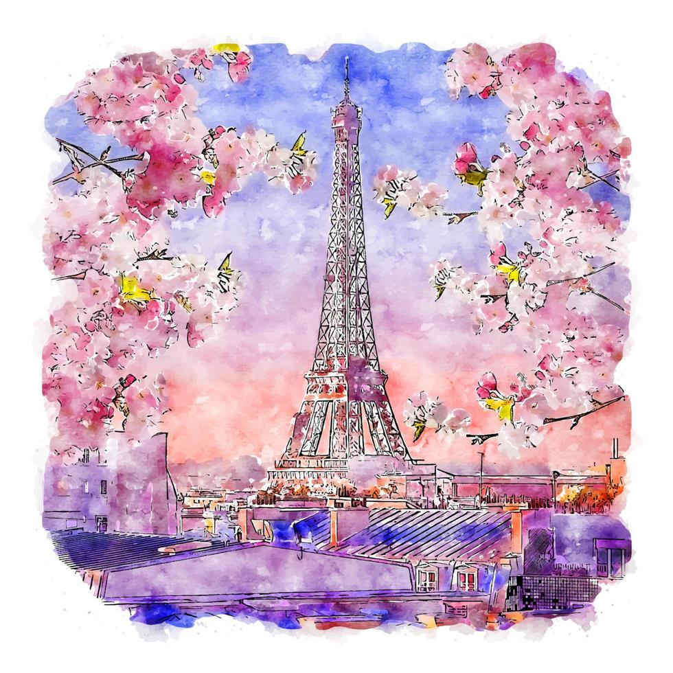 Paris France Watercolor sketch hand drawn illustration vector