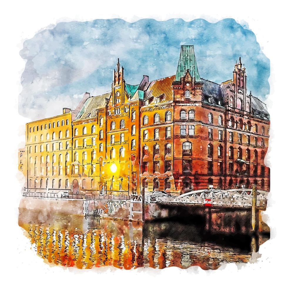 Hamburg Germany Watercolor sketch hand drawn illustration vector