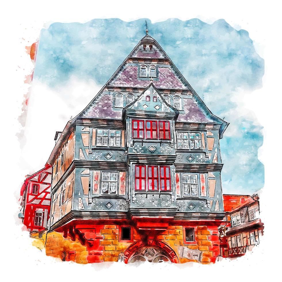 Miltenberg Germany Watercolor sketch hand drawn illustration vector