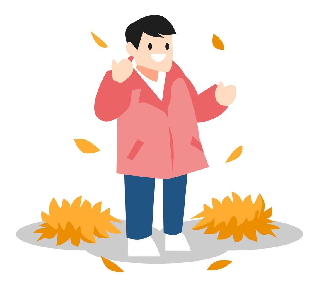 little boys love to play with fallen leaves. autumn theme, play, child, outdoor. flat vector illustration