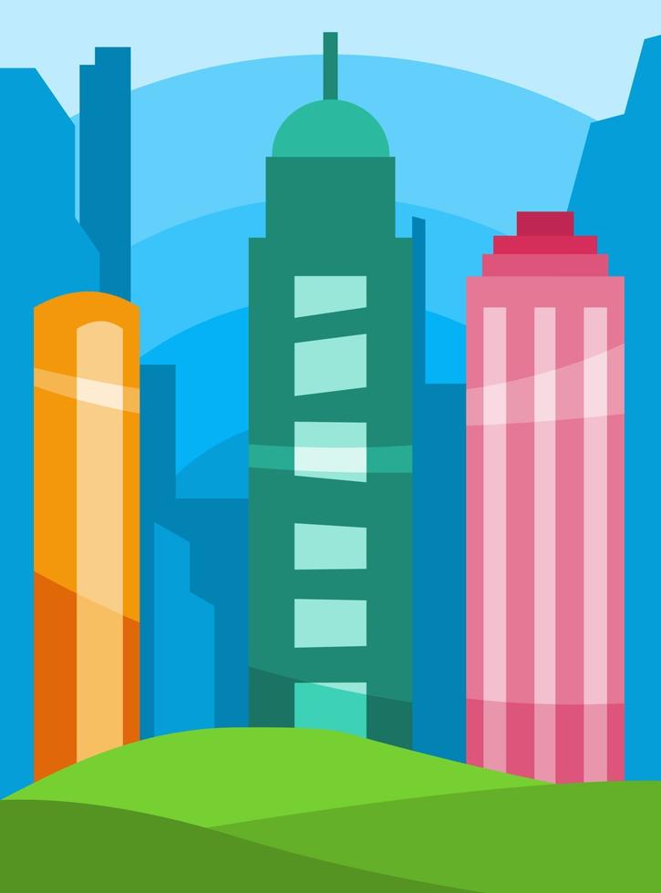 vista de coloridos edificios rascacielos. concepto de edificio arquitectónico, lugar de trabajo, negocios, ciudad. ilustración vectorial plana vector