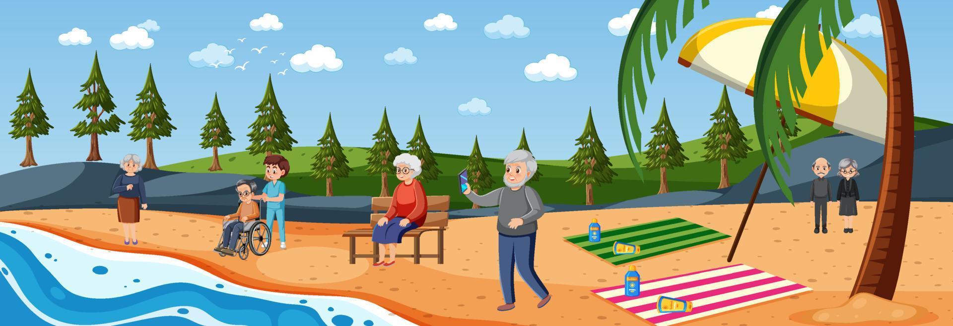 escena de playa con personas mayores de vacaciones vector