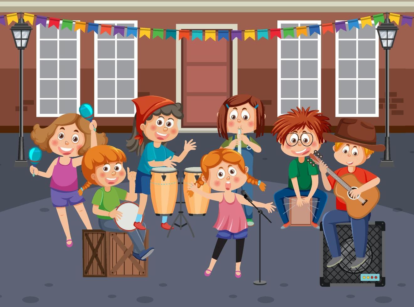 banda de música infantil tocando instrumento musical vector