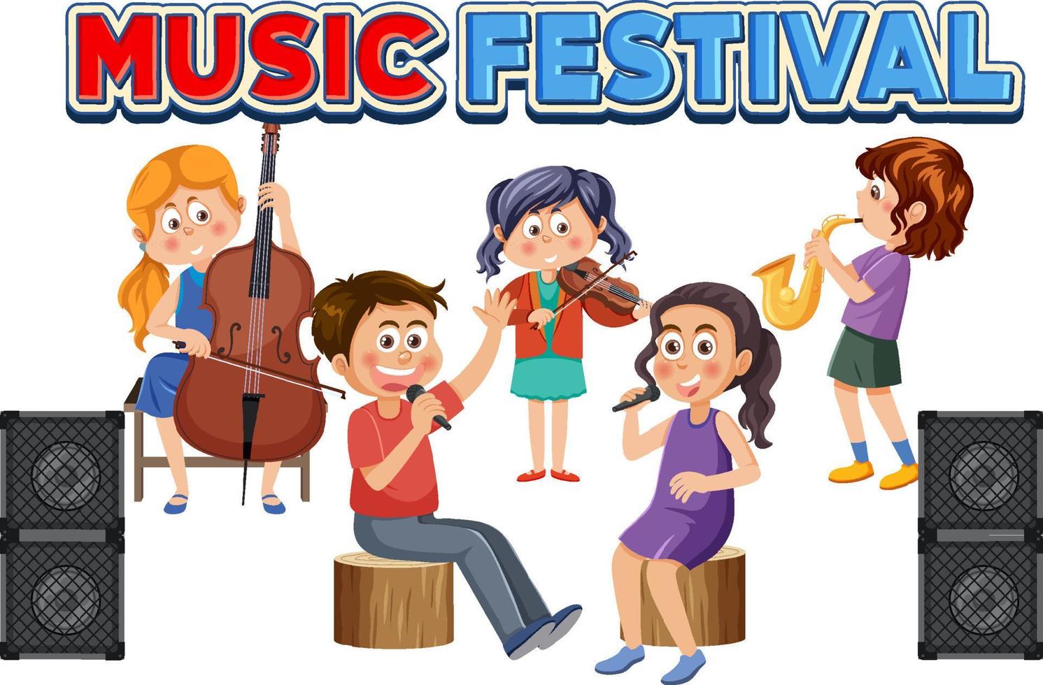 Music festival text with children playing musical instrument vector