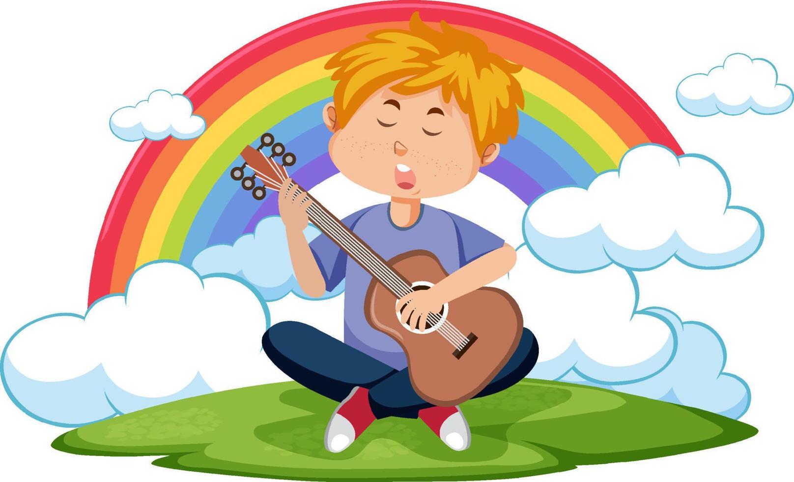 un niño tocando la guitarra con fondo de arco iris vector