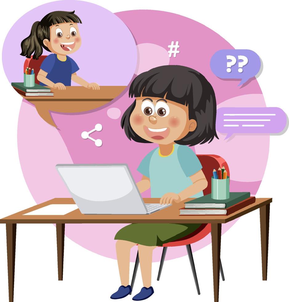 A girl chatting with her friend on laptop vector