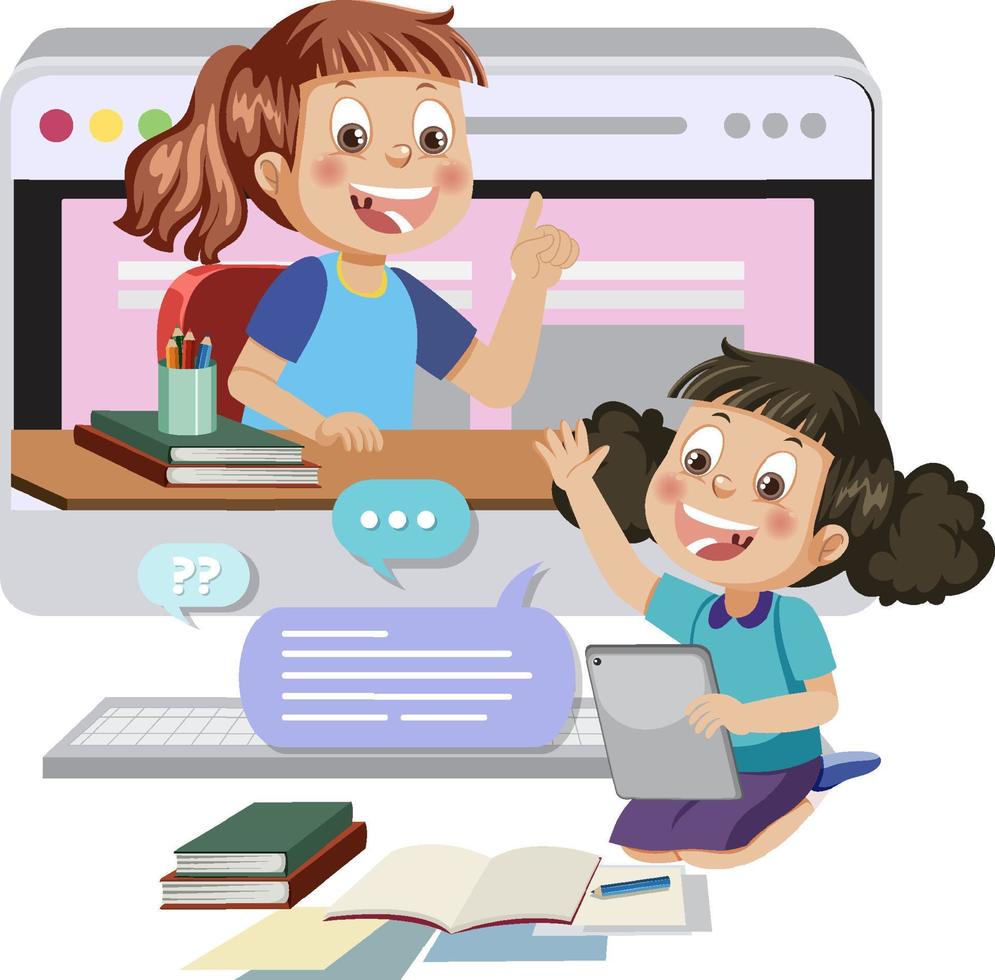 Girl friends chat online. Girl sitting laptop and speaks with friend.  3483454 Vector Art at Vecteezy