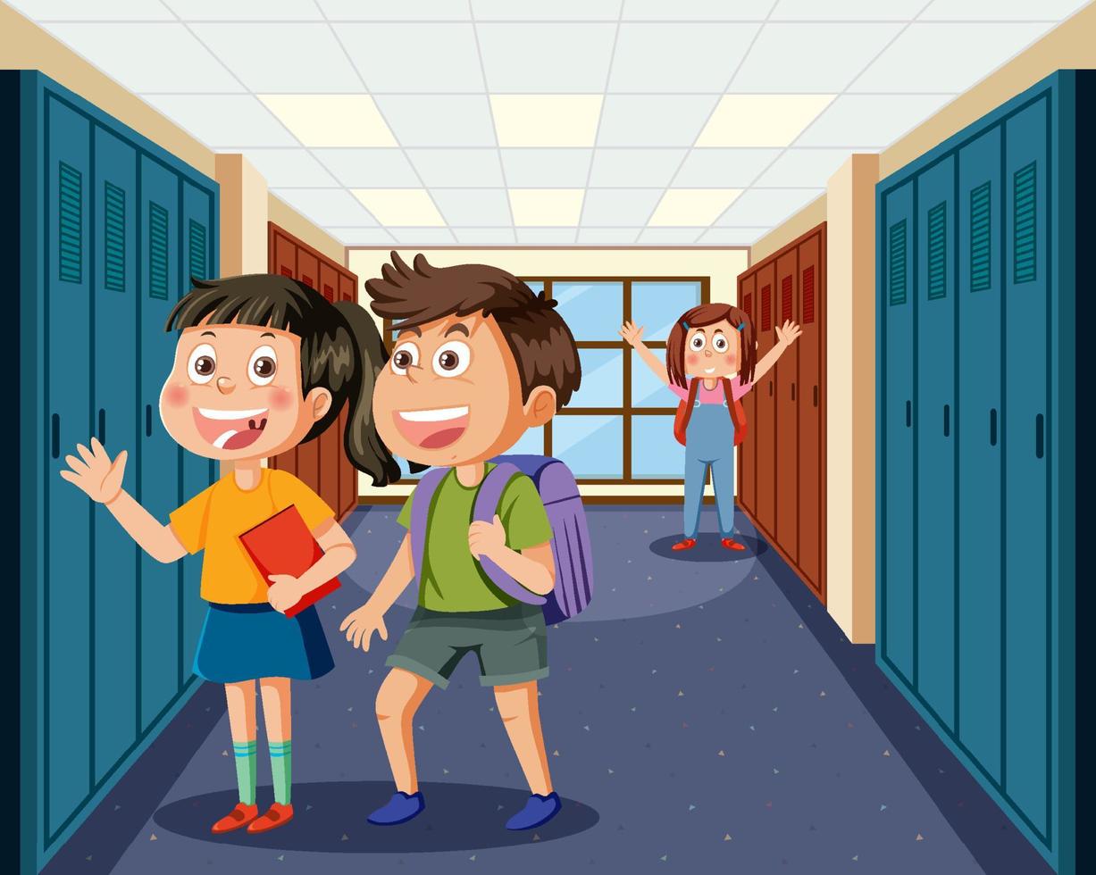 Locker room scene with school kids vector