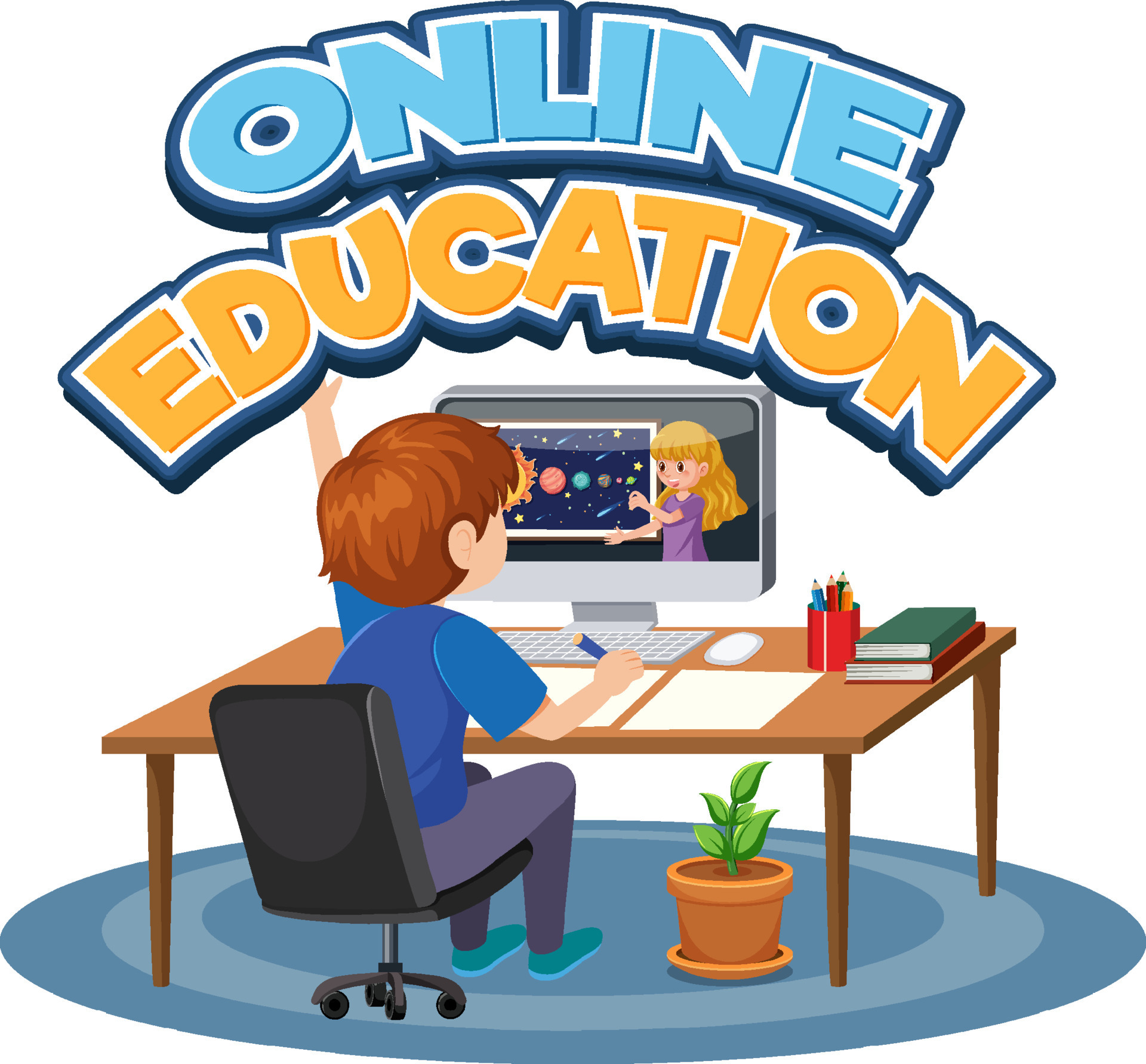 Online education with a boy studying online 12911517 Vector Art at Vecteezy
