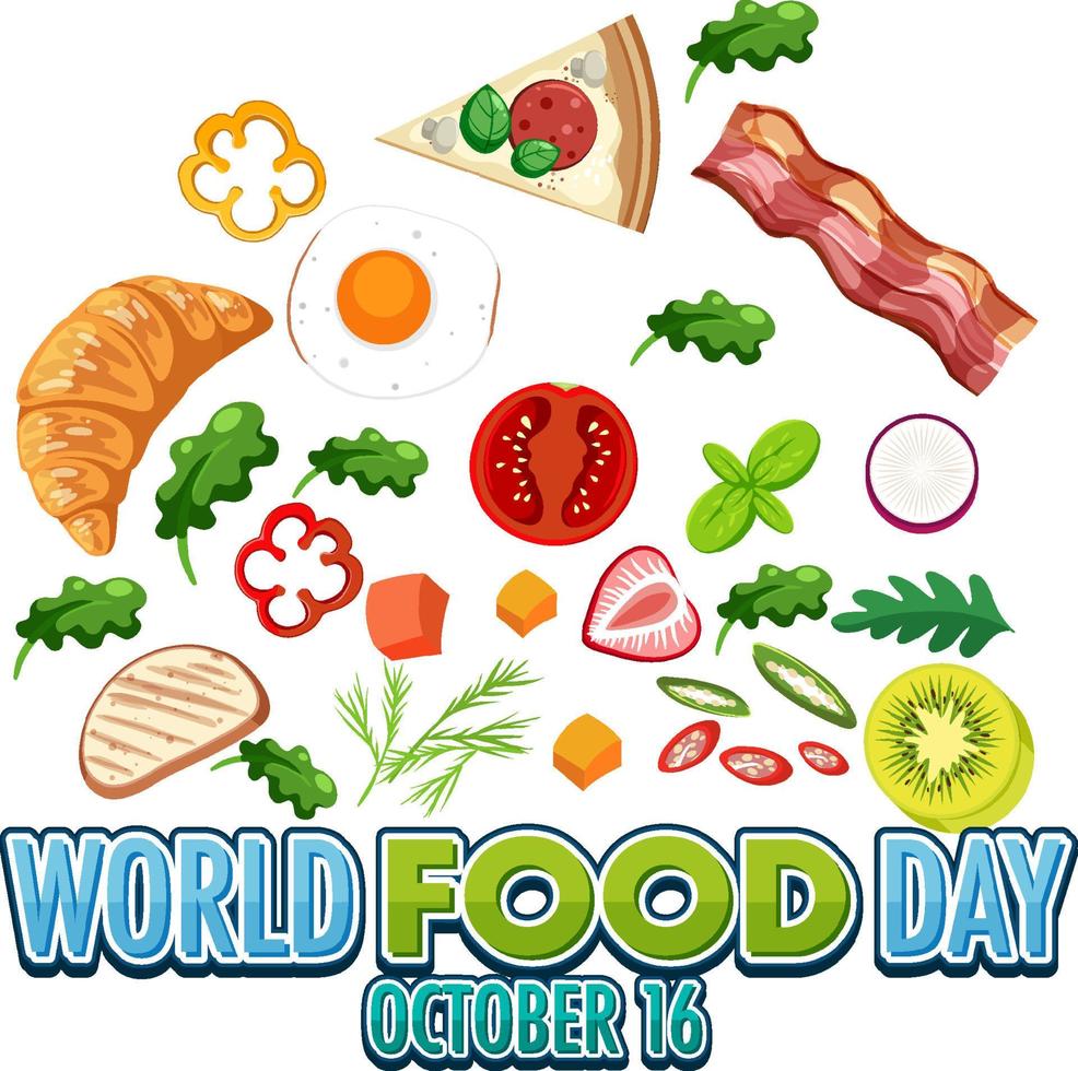 texto del día mundial de la alimentación con elementos alimentarios vector