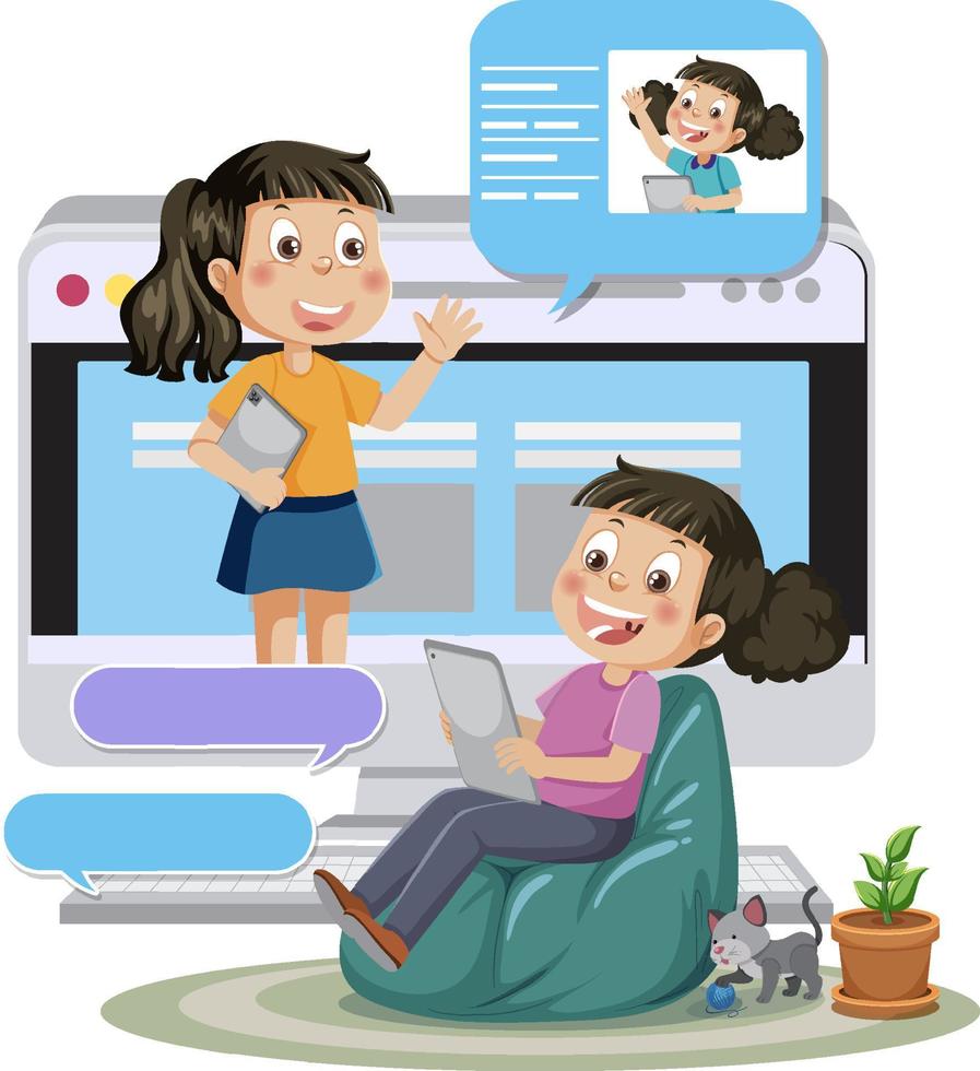 una chica chateando con su amiga en una tableta vector