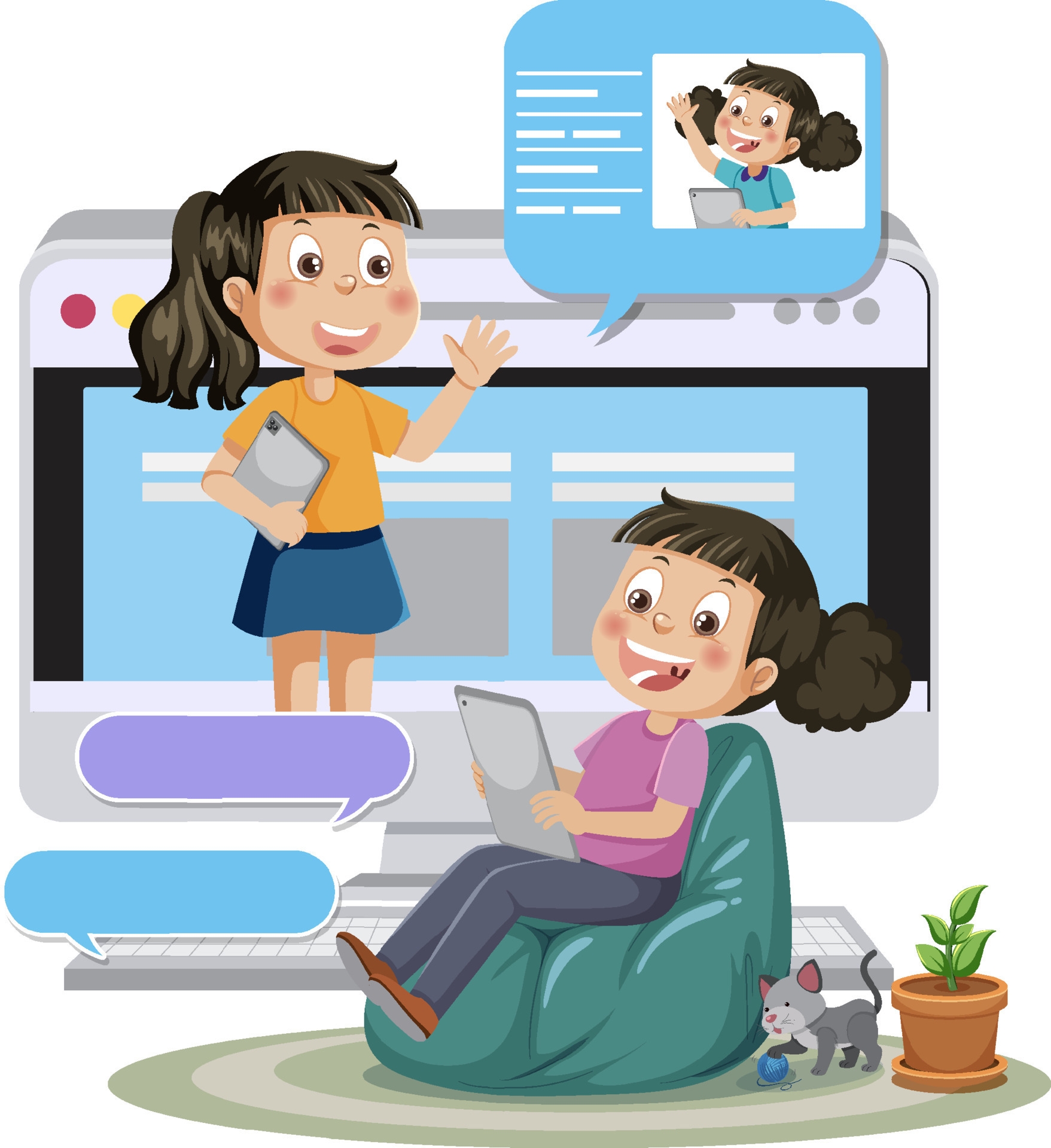 Girl friends chat online. Girl sitting laptop and speaks with friend.  3483454 Vector Art at Vecteezy