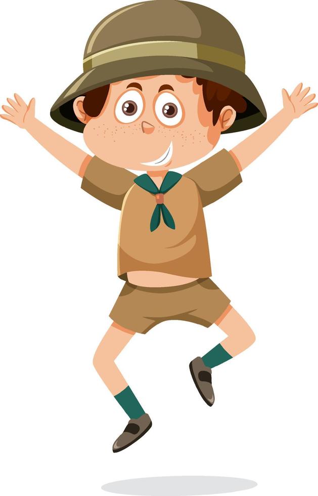 Cute boy scout cartoon character jumping vector