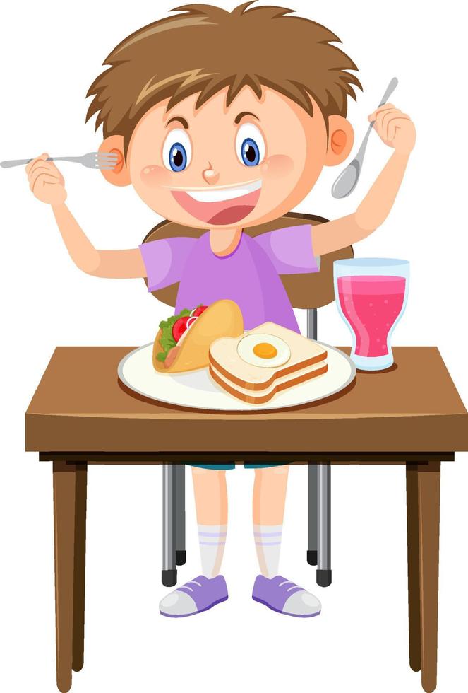 Happy boy enjoy eating food on table vector