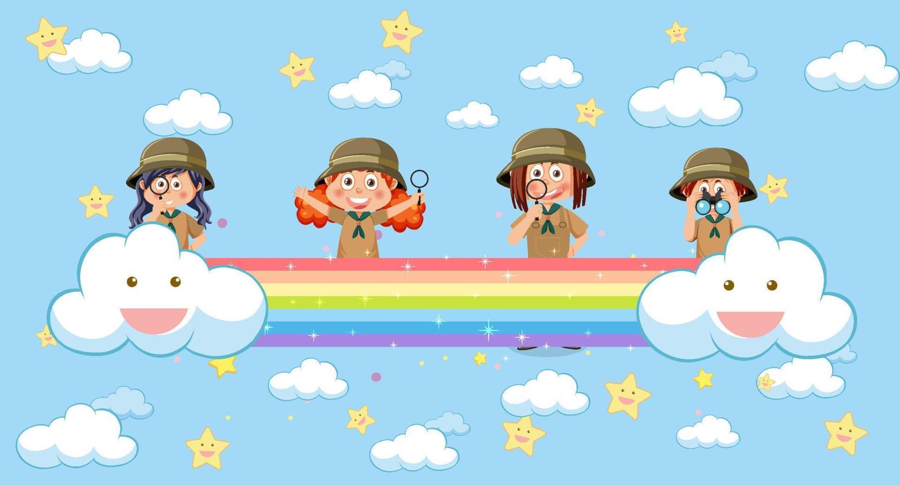 Happy kids in in the sky with rainbow vector