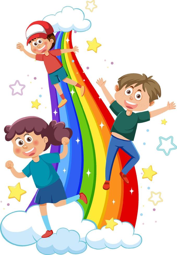 Happy kids on rainbow vector