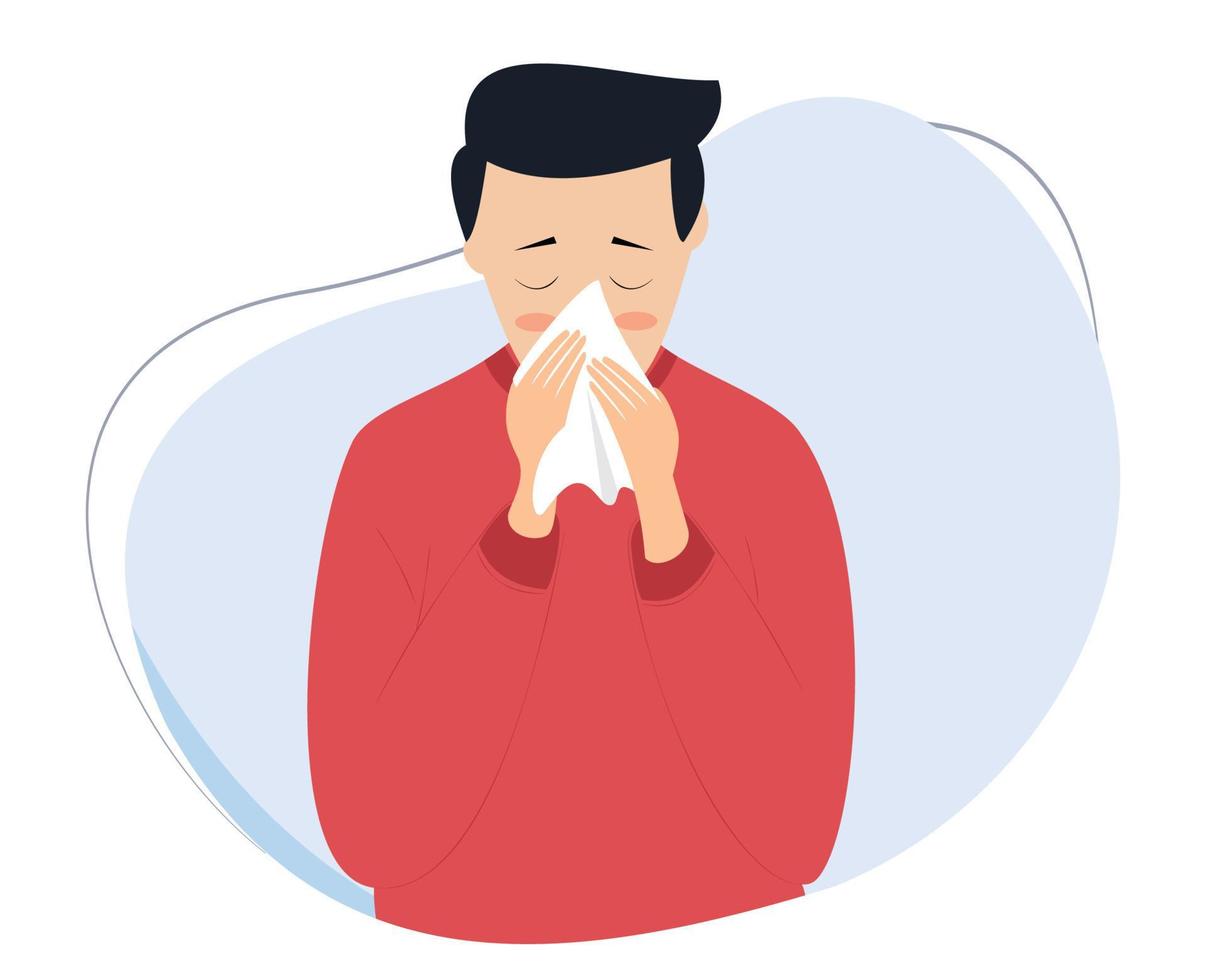 man sneezing vector illustration. cover nose with tissue