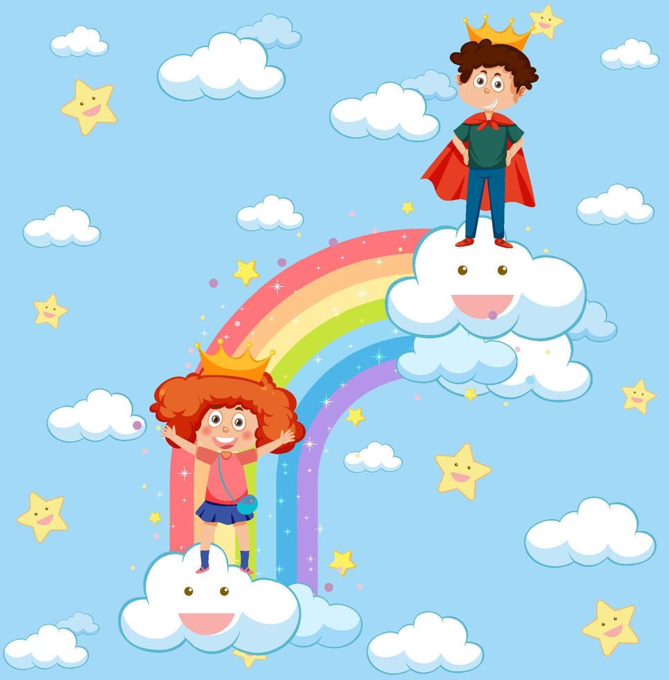 Happy kids in in the sky with rainbow vector