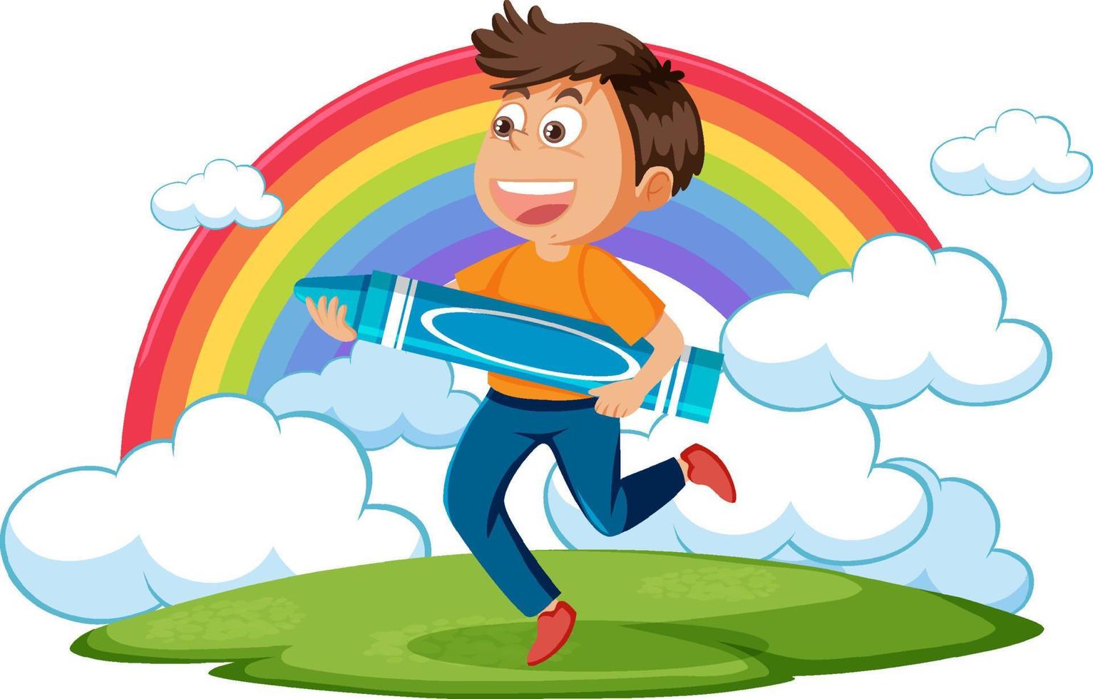 A boy holding big crayon with rainbow in the sky vector