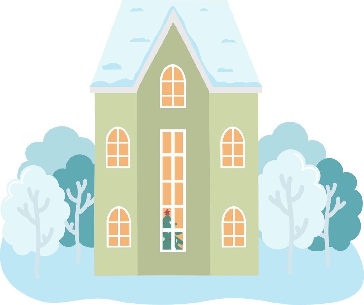 Vector illustration of isolated decorated buildings, New Year and Christmas houses on nature background. Holiday and celebration, winter architecture