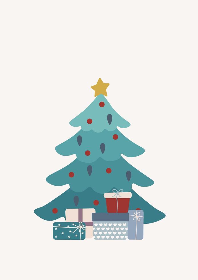tarjetas de felicitación de navidad y año nuevo decoradas con un árbol de navidad, copos de nieve y decoraciones. estilo de dibujos animados. papel tapiz, gráficos. garabato lindo diseño simple. fiesta. ilustración vectorial vector