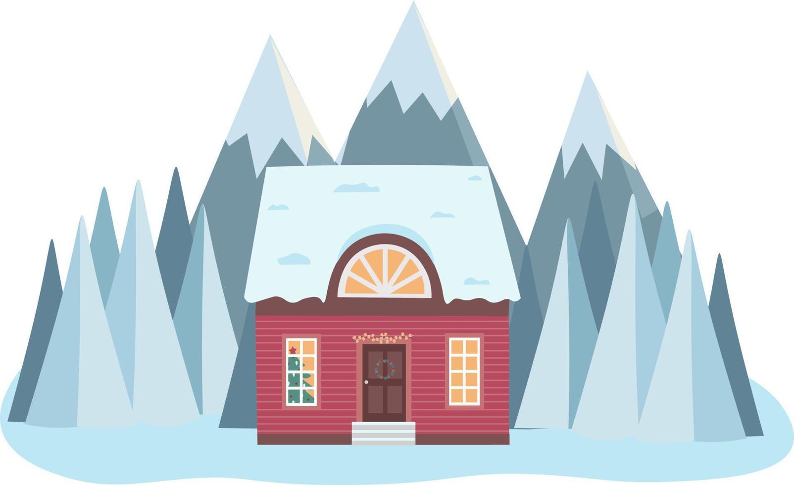 Vector illustration of isolated decorated buildings, New Year and Christmas houses on nature background. Holiday and celebration, winter architecture