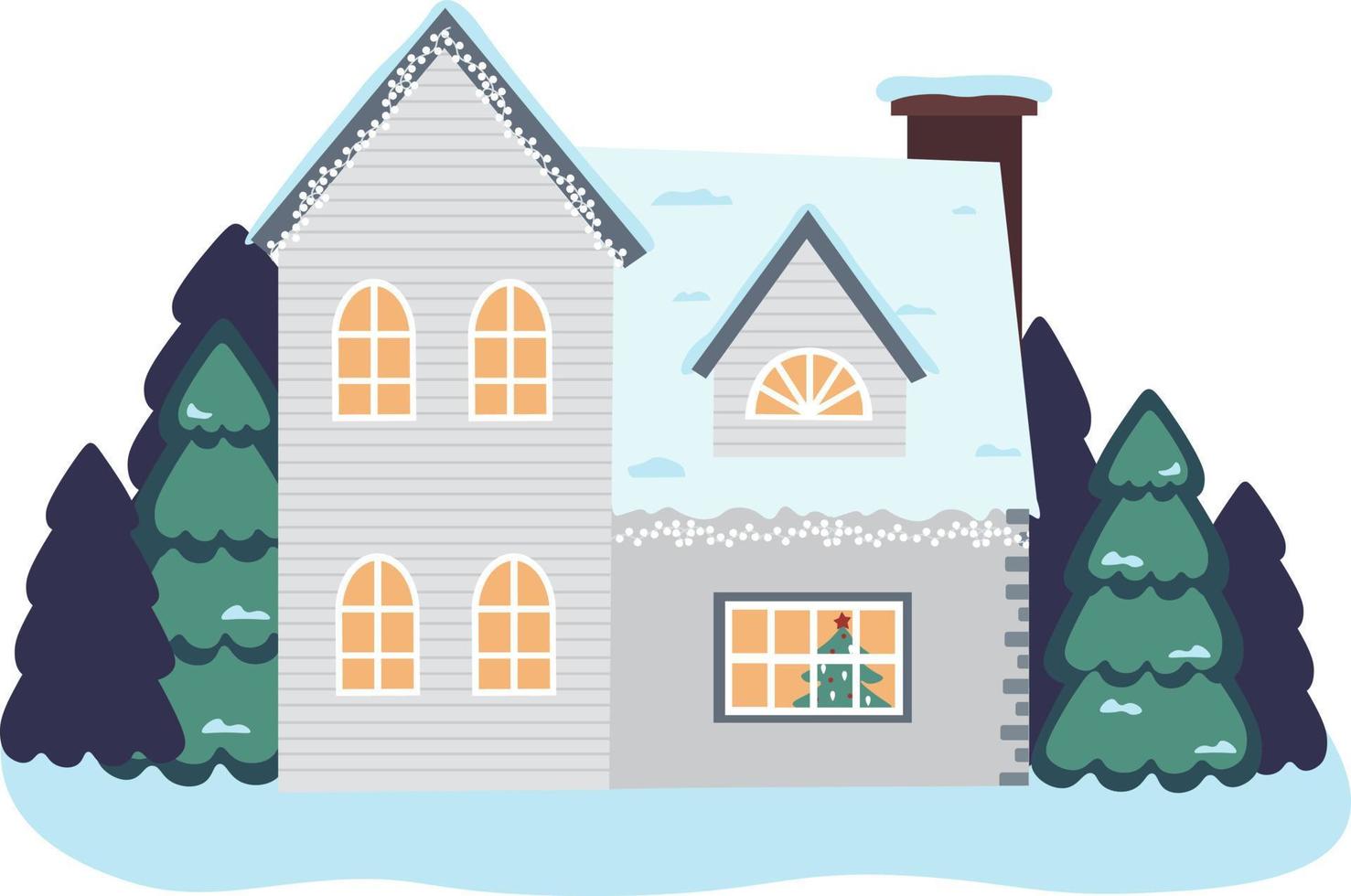 Vector illustration of isolated decorated buildings, New Year and Christmas houses on nature background. Holiday and celebration, winter architecture