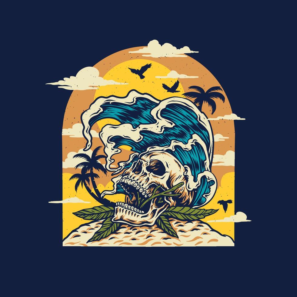 diseño gráfico de camiseta de playa de verano de cráneo, estilo de línea dibujada a mano con color digital, ilustración vectorial vector