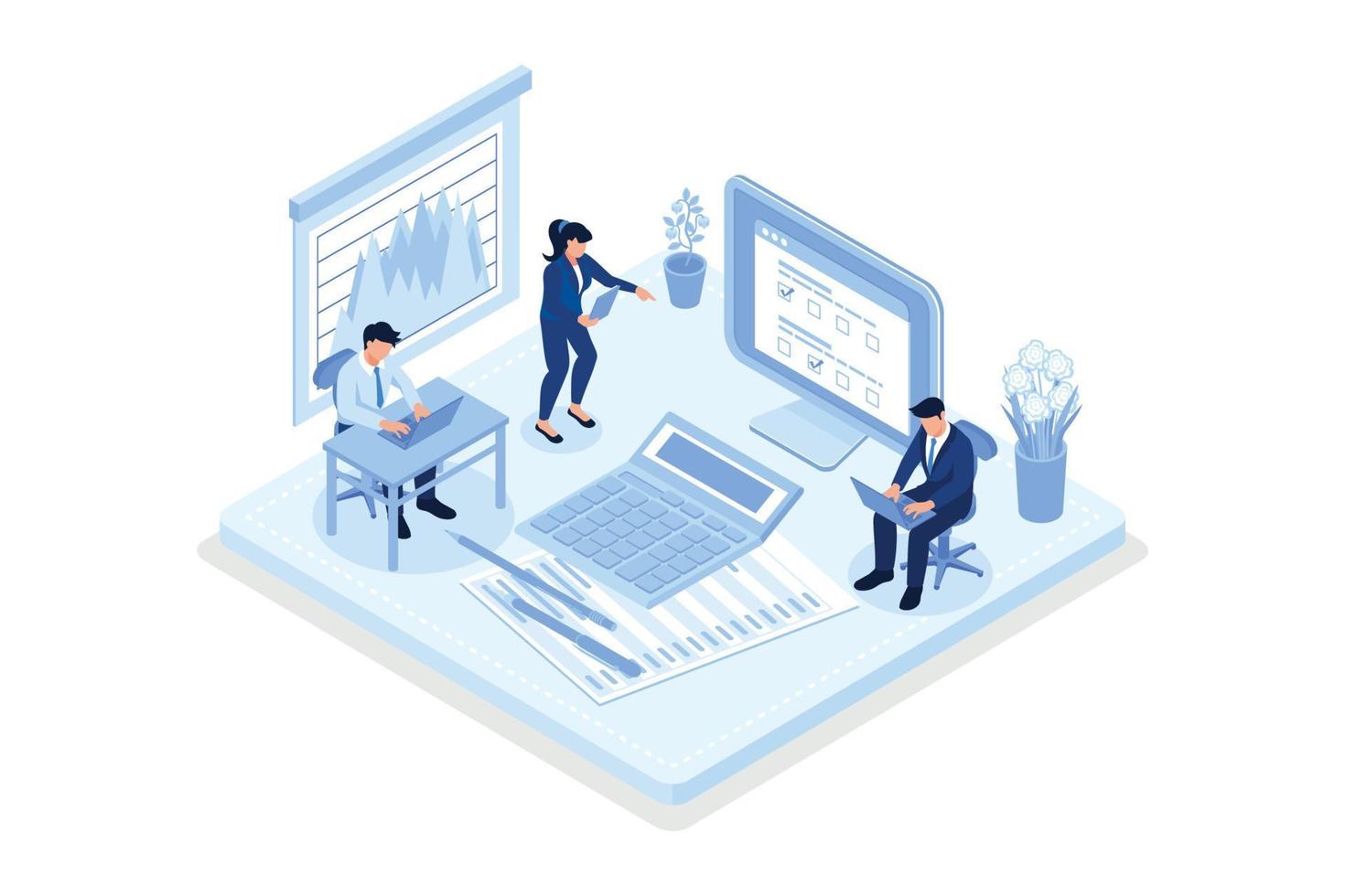 Financial advisor with client analyzing financial report. Man meeting accountant for advice. Business consultant at work, isometric flat vector modern illustration