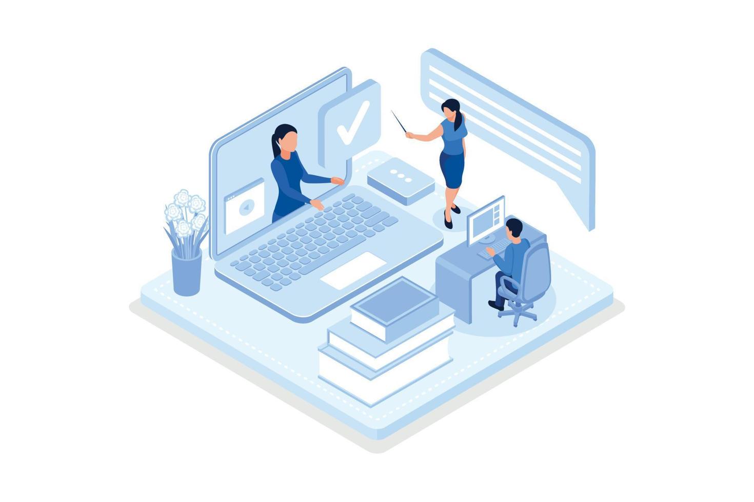 Student Learning Online at Home. Character Sitting at Desk, Looking at Laptop and Studying with Smartphone, Books and Exercise Books. Online Education Concept, isometric vector modern illustration