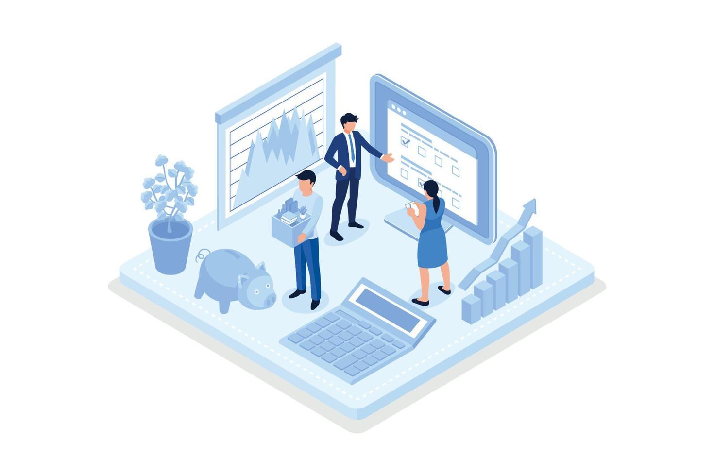 People Character Analyzing Stock Market. Woman Standing near Screen with Graphs, Charts and Diagrams. Businessperson Investing in Stocks. Stock Trading Concept, isometric vector modern illustration