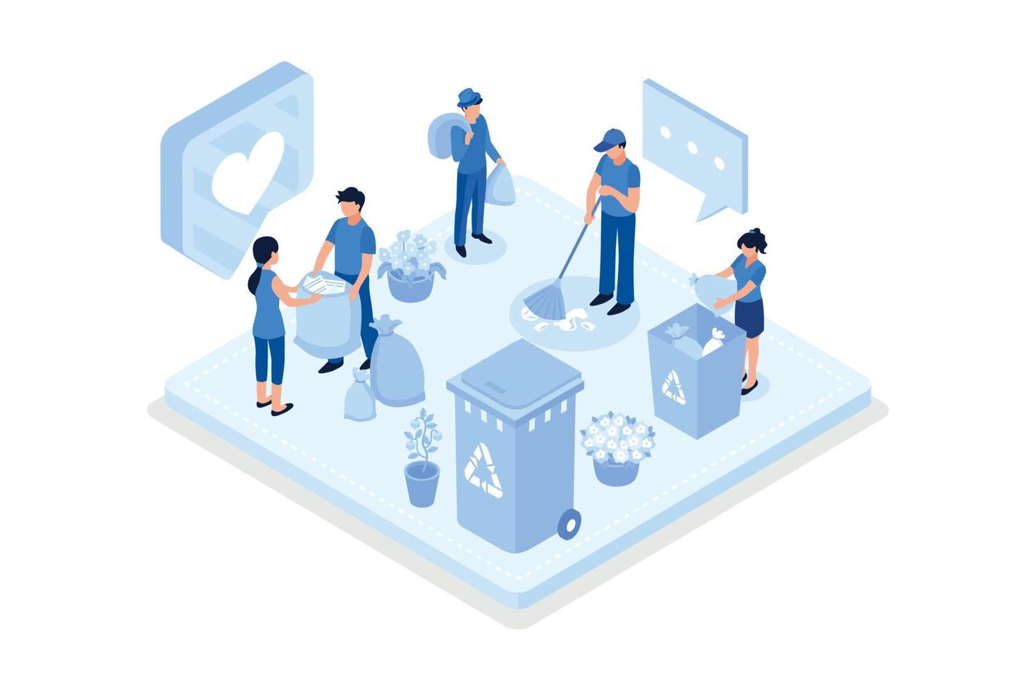 People characters collecting trash into recycling garbage bin. Woman and man taking out the garbage. Waste pollution problem concept, isometric vector modern illustration