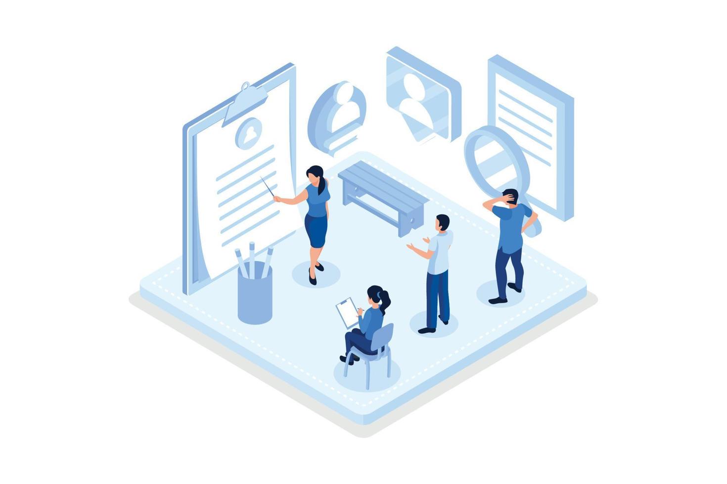Hr manager presenting potential job candidate. Recruitment process. Human resource management and hiring concept, isometric vector modern illustration