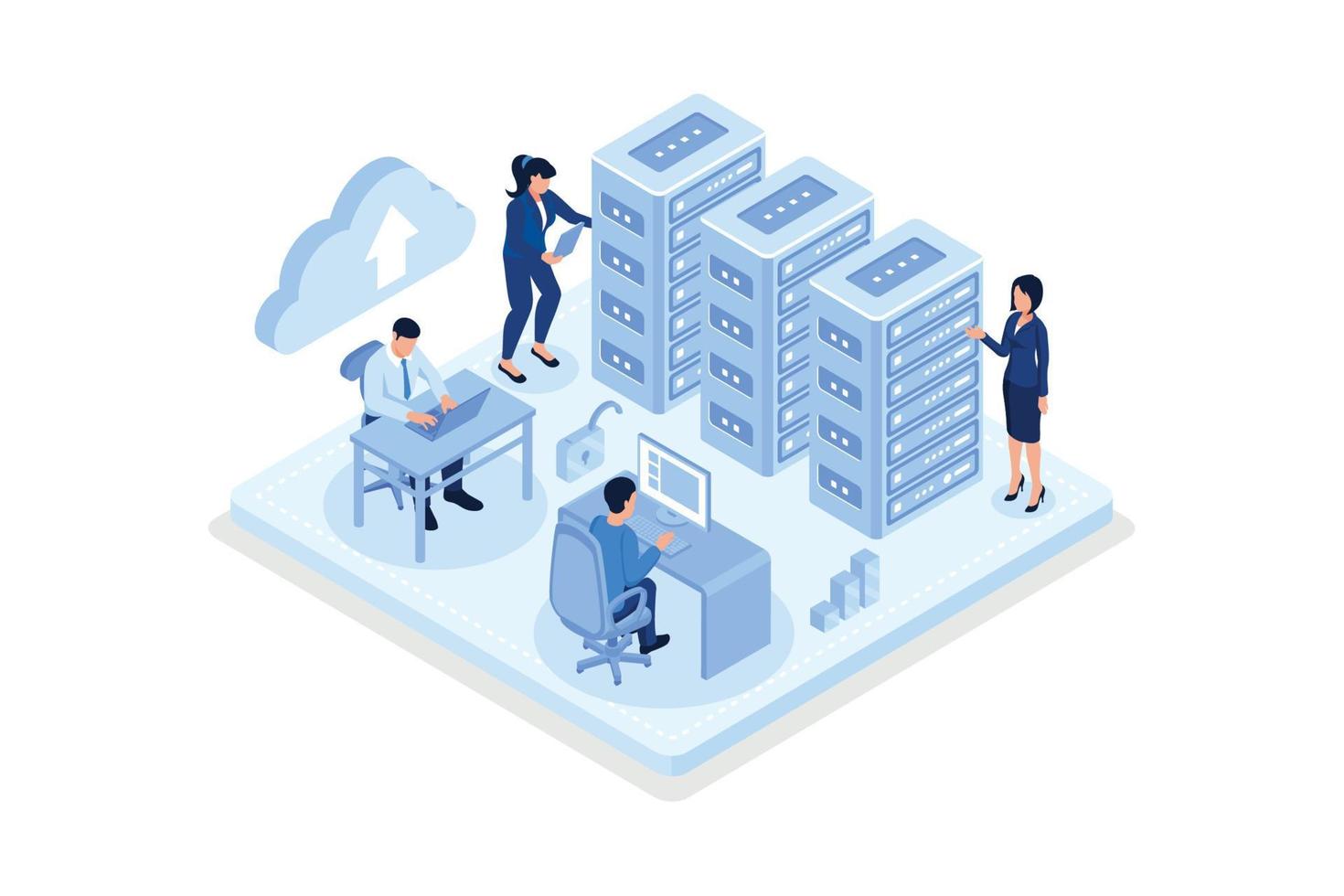 Character staying near control panel and managing files and data on cloud web server. Web hosting service with cyber security technology concept, isometric vector modern illustration