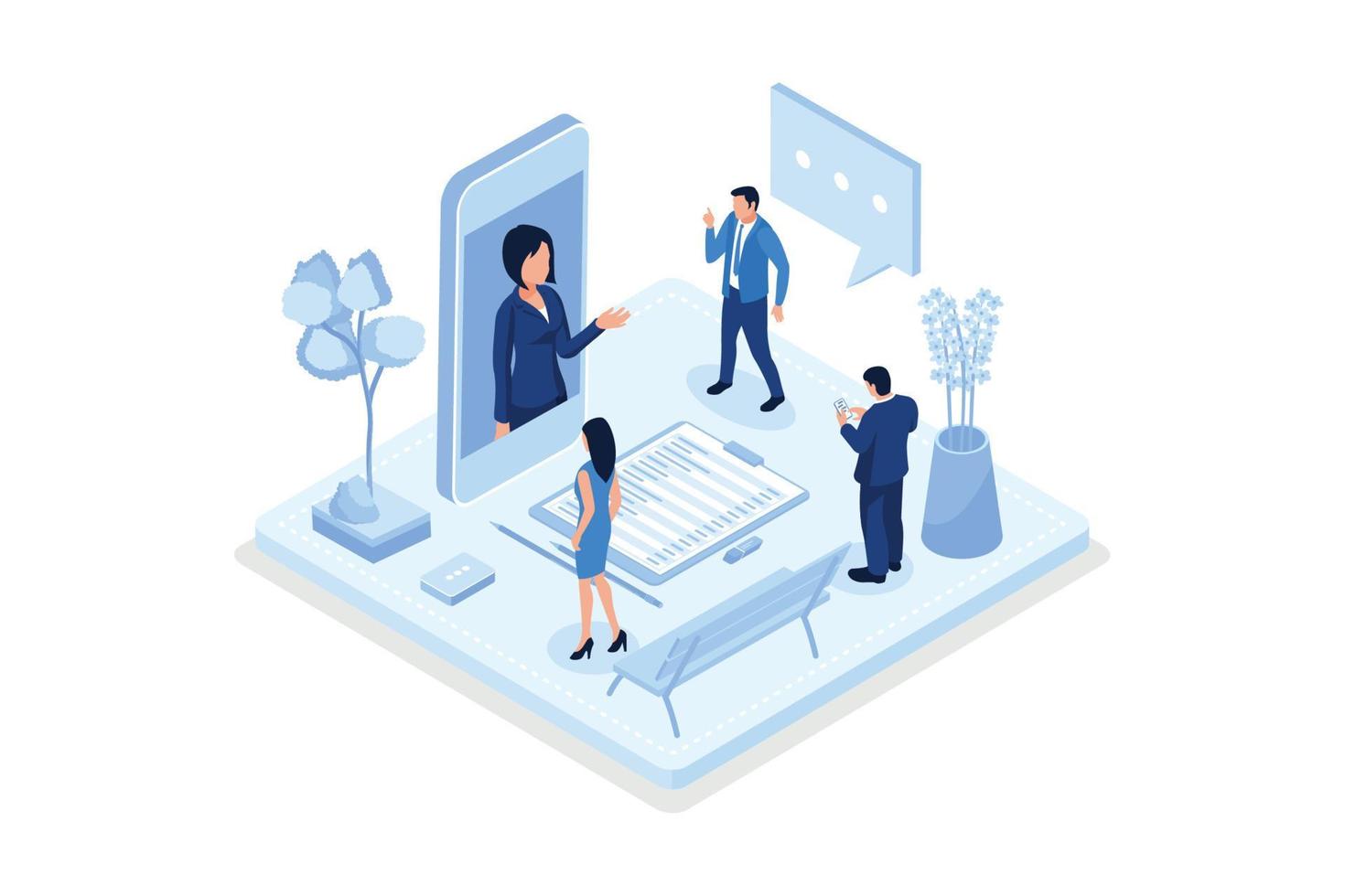 People characters talking with customer support. Woman and man ask questions and receive answers. Online support call center. Frequently asked questions concept, isometric vector modern illustration