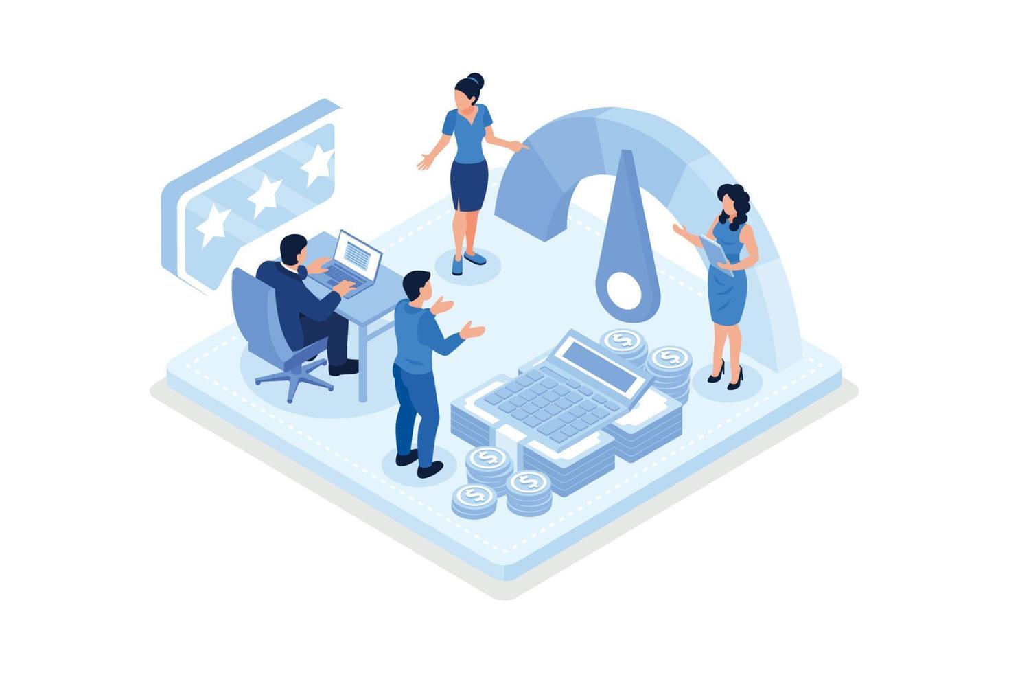 Credit report isometric. Characters with good credit score receiving loan approval from bank. Personal finance concept, isometric vector modern illustration