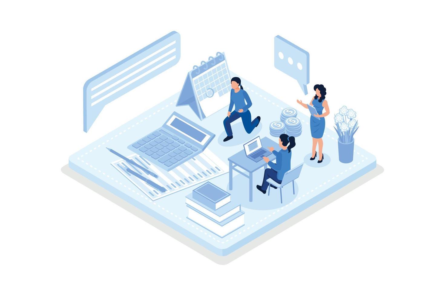Financial Consultant sitting at Office Desk with Documents for Tax Calculation. Woman Preparing Financial Tax Report. Accountant at Work. Accounting Concept, isometric vector modern illustration