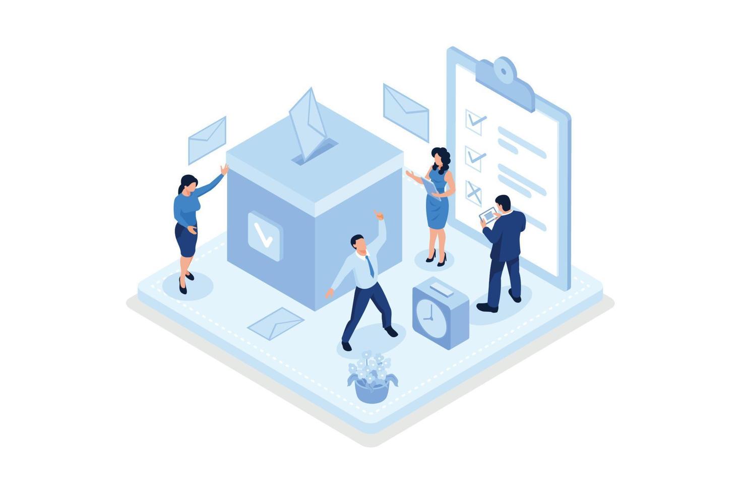 People Characters Putting Ballot Into Voting Box. Women and Men Choosing Candidate at Vote Polling Station. Election Campaign and Referendum Concept, isometric vector modern illustration